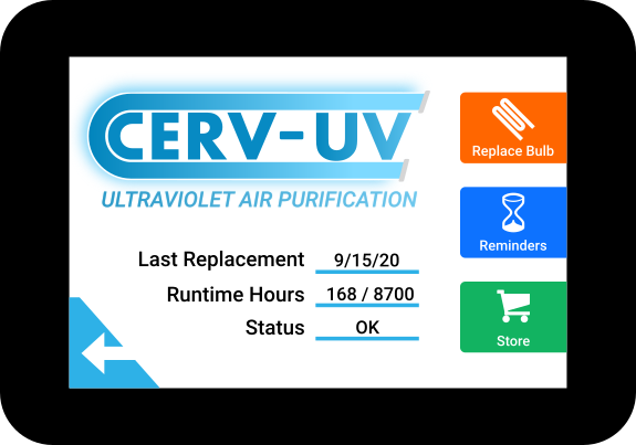 touchscreen interface showing overview for CERV-UV management. The screen shows the last replacement time, runtime hours, and status, while also providing buttons to replace the lamp, set reminders, or visit the store to buy more lamps.