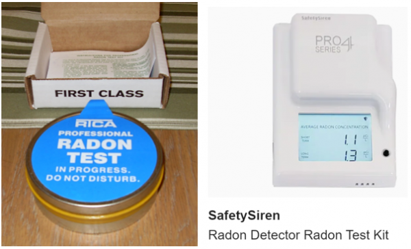 examples of radon testing devices. left is a radon cannister, right is a digital radon sensor.